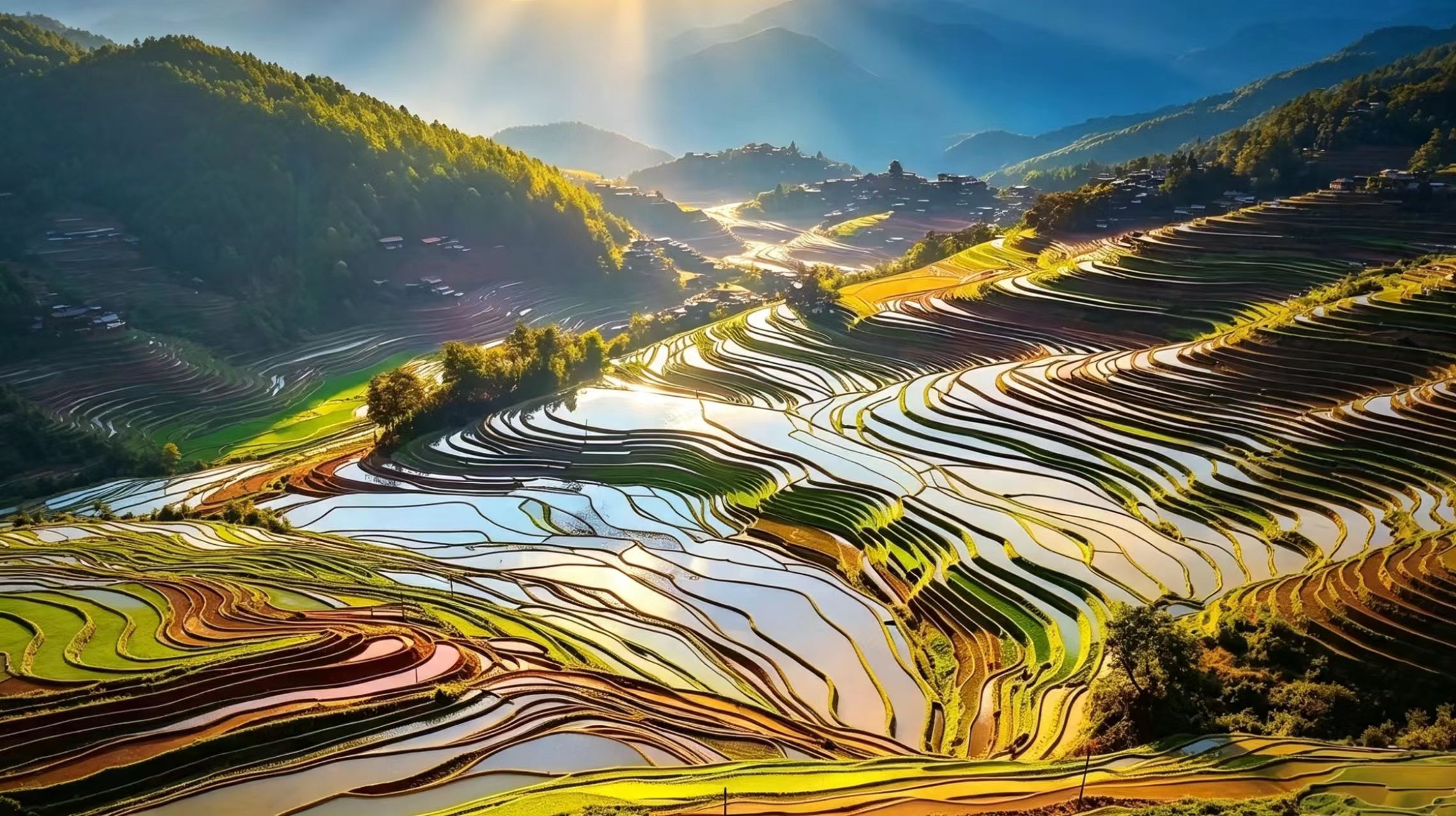 Terraced rice fields mirroring the morning light, sunbeams breaking through the clouds