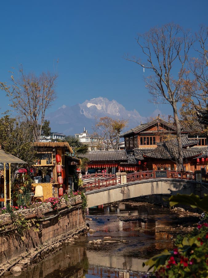 Lijiang Old Town, canals running through the town with Jade Dragon Snow Mountain beyond