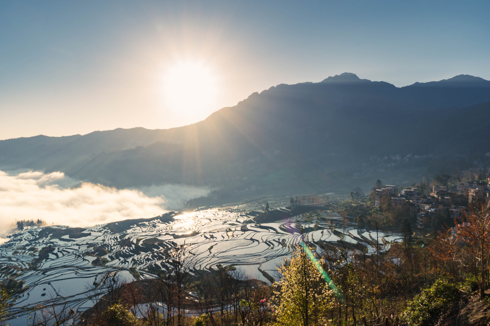 Yuanyang Hani terraces at sunrise, flooded paddy fields mirroring the dawn light